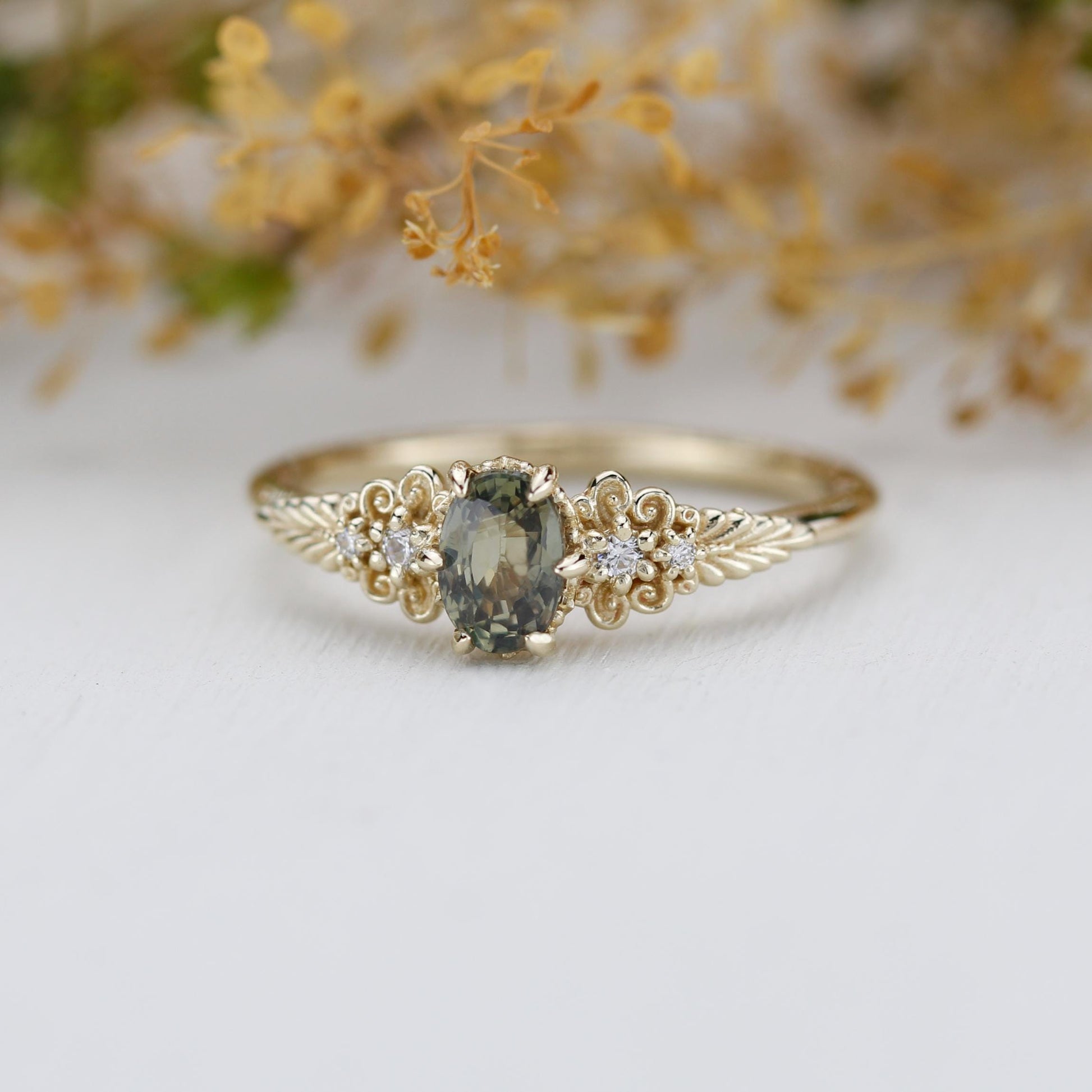 Vintage style Oval Engagement Ring, art deco olive green sapphire and diamond engagement ring, 18k gold ring 