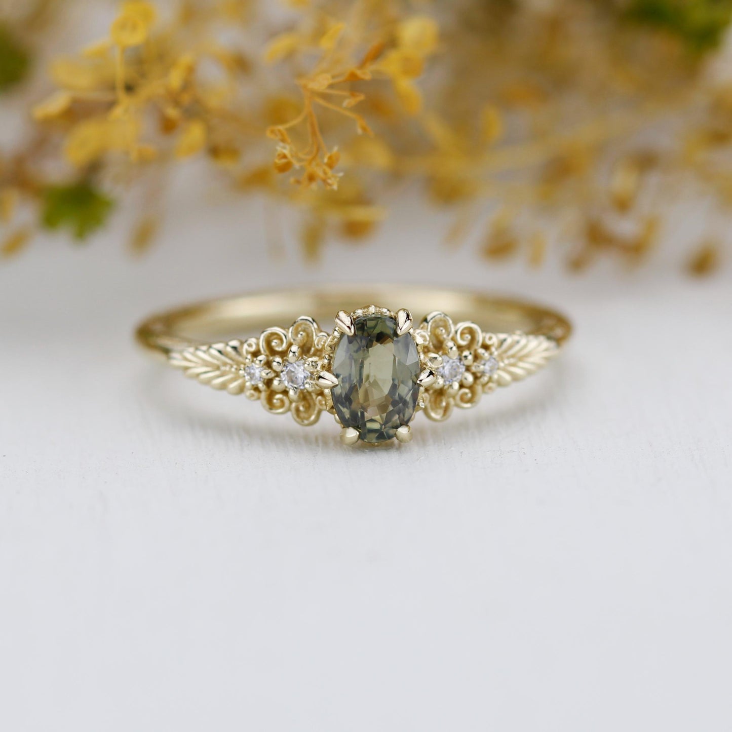 Vintage style Oval Engagement Ring, art deco olive green sapphire and diamond engagement ring, 18k gold ring 