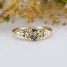 Load image into Gallery viewer, Vintage style Oval Engagement Ring, art deco olive green sapphire and diamond engagement ring, 18k gold ring 