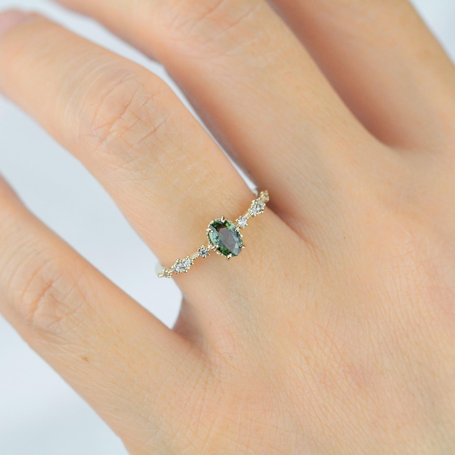 Green sapphire engagement ring, sapphire and diamond ring, oval engagement ring, September birthstone ring | R 322GS
