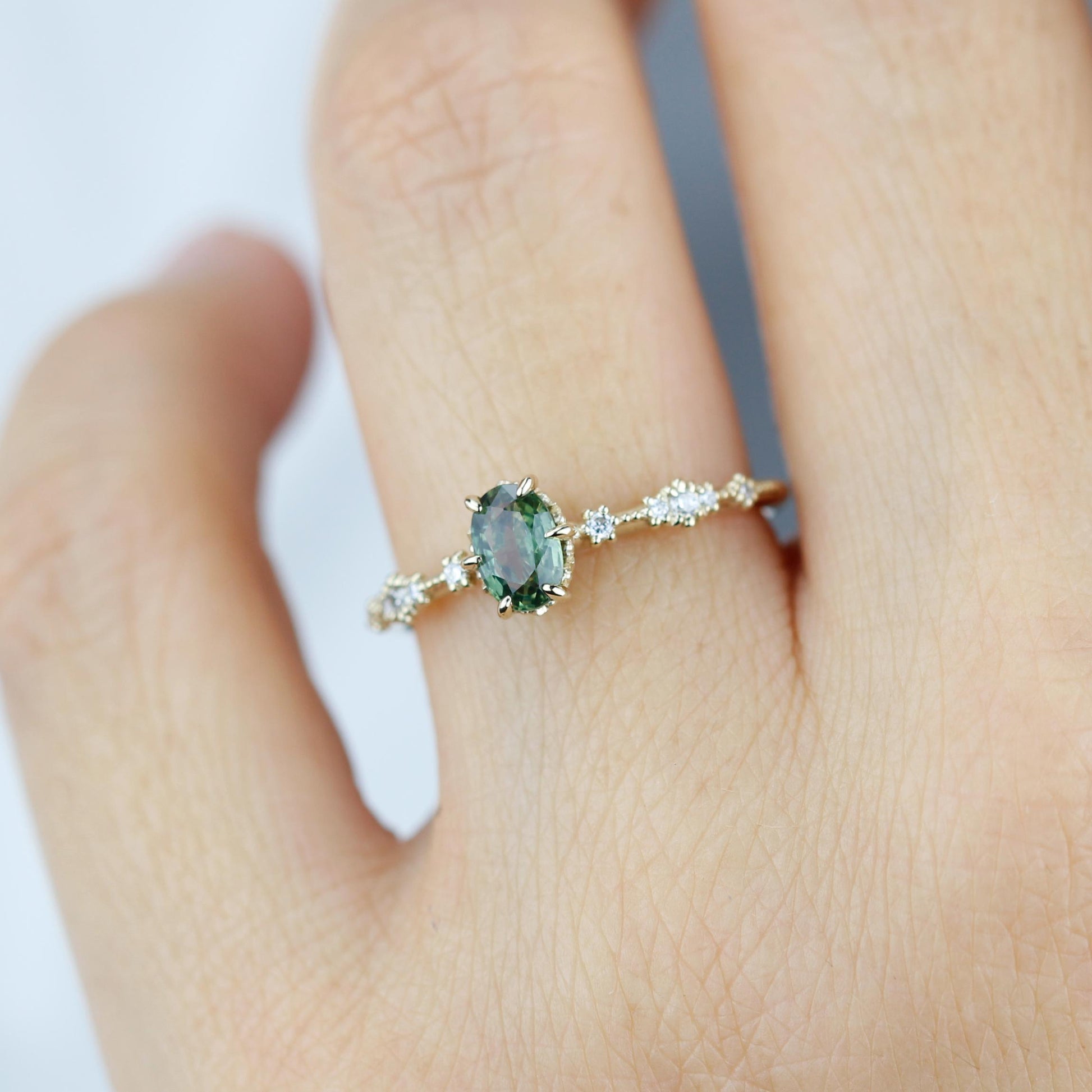 Green sapphire engagement ring, sapphire and diamond ring, oval engagement ring, September birthstone ring | R 322GS
