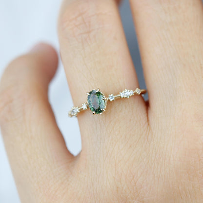 Green sapphire engagement ring, sapphire and diamond ring, oval engagement ring, September birthstone ring | R 322GS