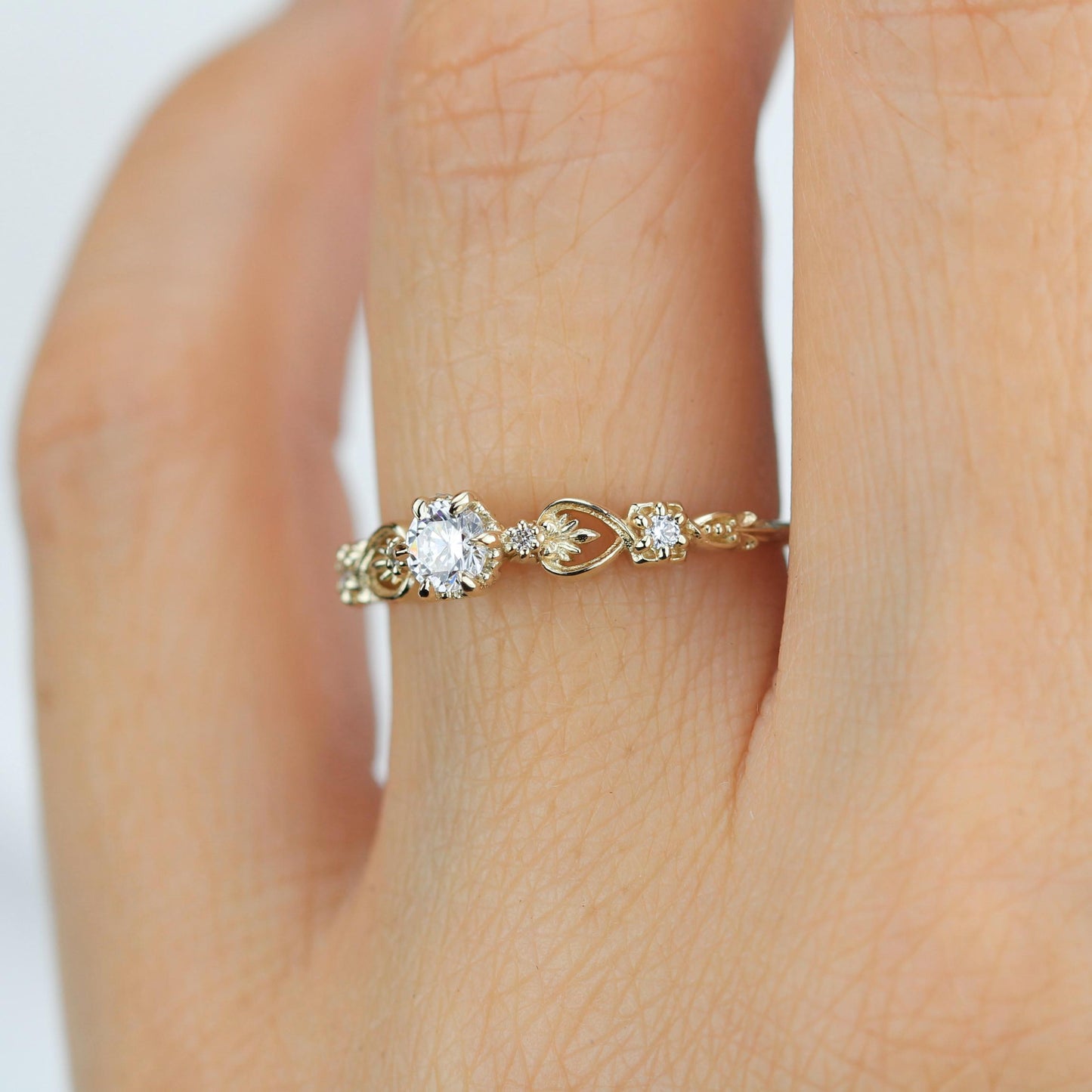 Baroque 18k Gold Engagement Ring, 0.25 ct Natural Diamond Ring