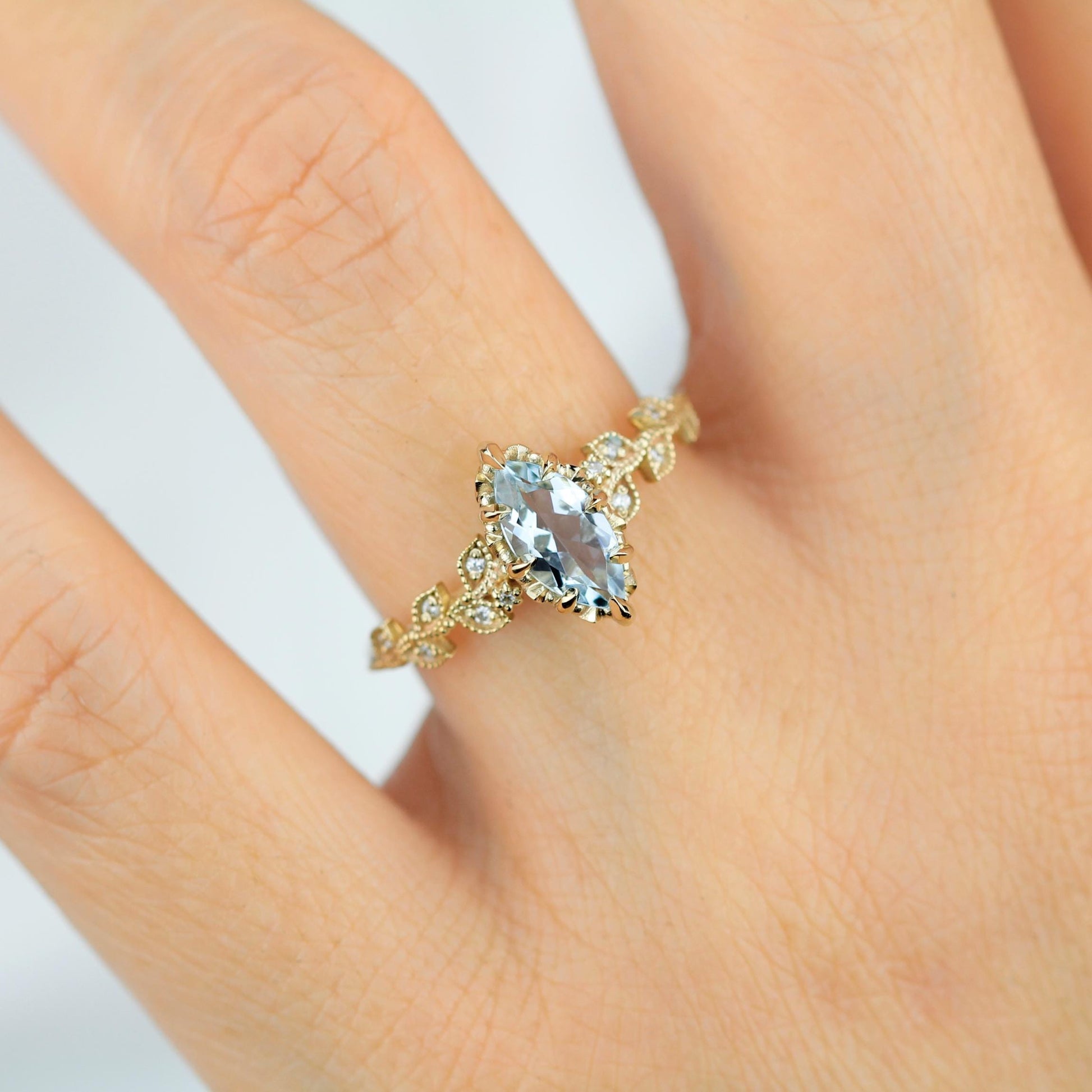 Marquise Aquamarine Ring with Natural Diamonds - Filigree Leaf Design in 18K Gold