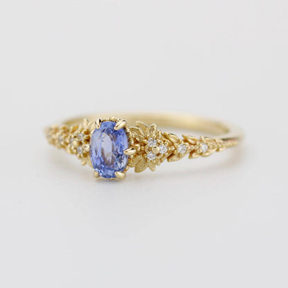 Light Blue Sapphire Engagement Ring, Handmade 18k Gold with Diamond Leaf Band, Oval Sapphire 6-Claw Setting, Nature-Inspired Ring