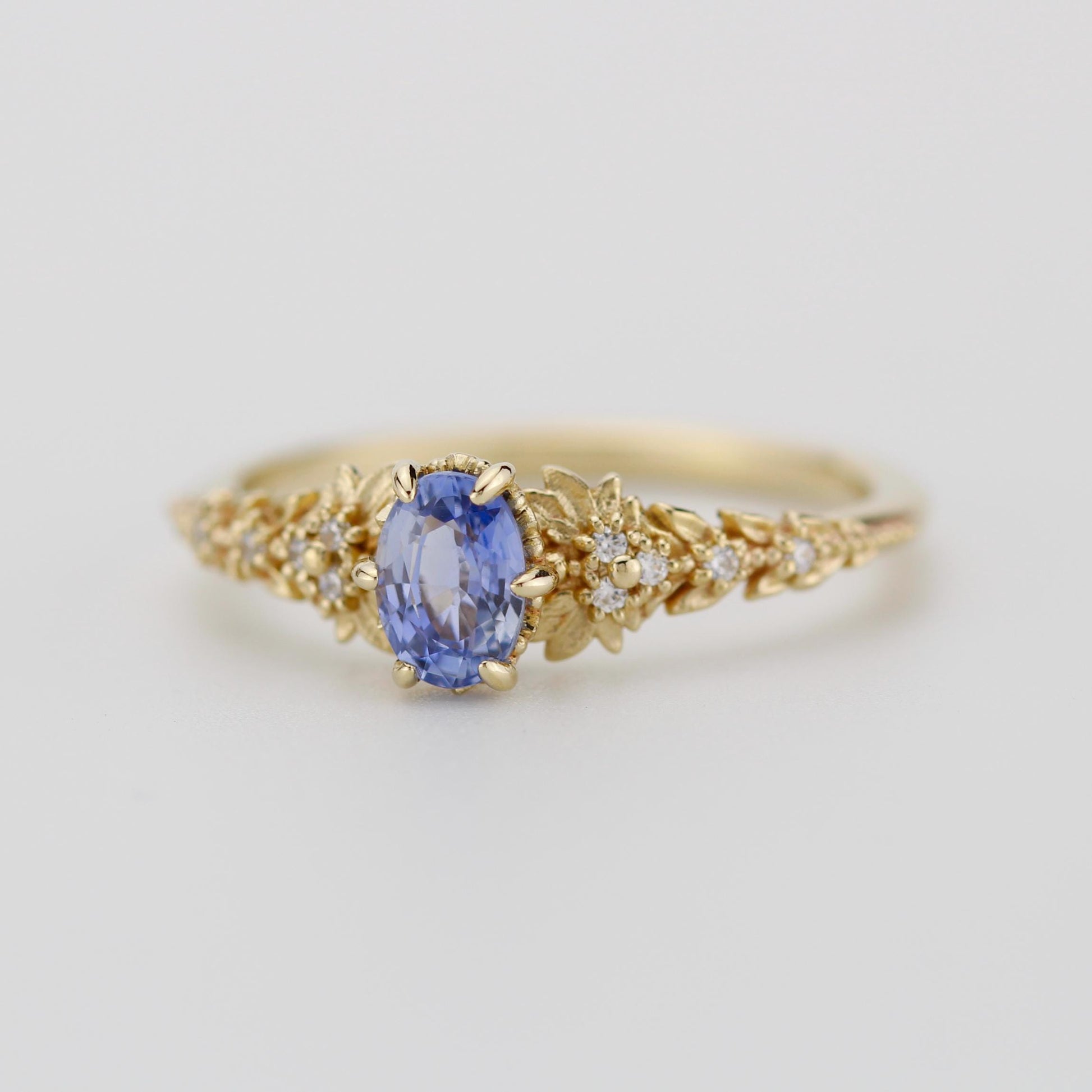 Light Blue Sapphire Engagement Ring, Handmade 18k Gold with Diamond Leaf Band, Oval Sapphire 6-Claw Setting, Nature-Inspired Ring