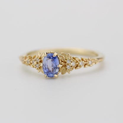Light Blue Sapphire Engagement Ring, Handmade 18k Gold with Diamond Leaf Band, Oval Sapphire 6-Claw Setting, Nature-Inspired Ring