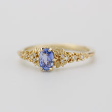 Load image into Gallery viewer, Light Blue Sapphire Engagement Ring, Handmade 18k Gold with Diamond Leaf Band, Oval Sapphire 6-Claw Setting, Nature-Inspired Ring