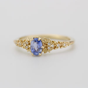 Light Blue Sapphire Engagement Ring, Handmade 18k Gold with Diamond Leaf Band, Oval Sapphire 6-Claw Setting, Nature-Inspired Ring