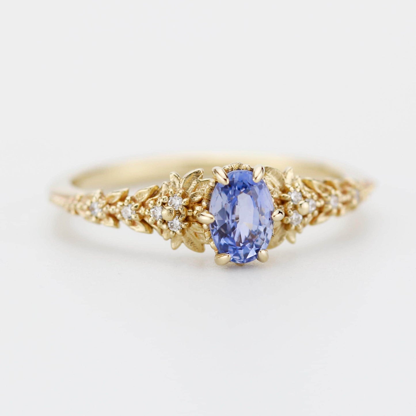 Light Blue Sapphire Engagement Ring, Handmade 18k Gold with Diamond Leaf Band, Oval Sapphire 6-Claw Setting, Nature-Inspired Ring
