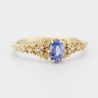 Light Blue Sapphire Engagement Ring, Handmade 18k Gold with Diamond Leaf Band, Oval Sapphire 6-Claw Setting, Nature-Inspired Ring
