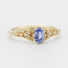 Load image into Gallery viewer, Light Blue Sapphire Engagement Ring, Handmade 18k Gold with Diamond Leaf Band, Oval Sapphire 6-Claw Setting, Nature-Inspired Ring