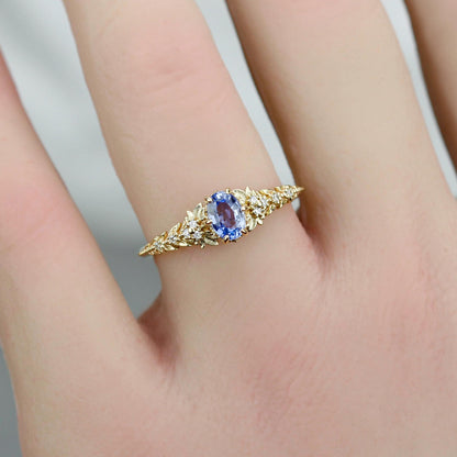 Light Blue Sapphire Engagement Ring, Handmade 18k Gold with Diamond Leaf Band, Oval Sapphire 6-Claw Setting, Nature-Inspired Ring