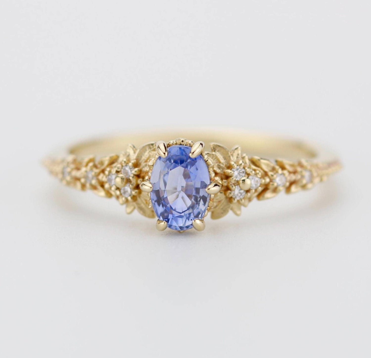 Light Blue Sapphire Engagement Ring, Handmade 18k Gold with Diamond Leaf Band, Oval Sapphire 6-Claw Setting, Nature-Inspired Ring