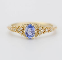 Load image into Gallery viewer, Light Blue Sapphire Engagement Ring, Handmade 18k Gold with Diamond Leaf Band, Oval Sapphire 6-Claw Setting, Nature-Inspired Ring
