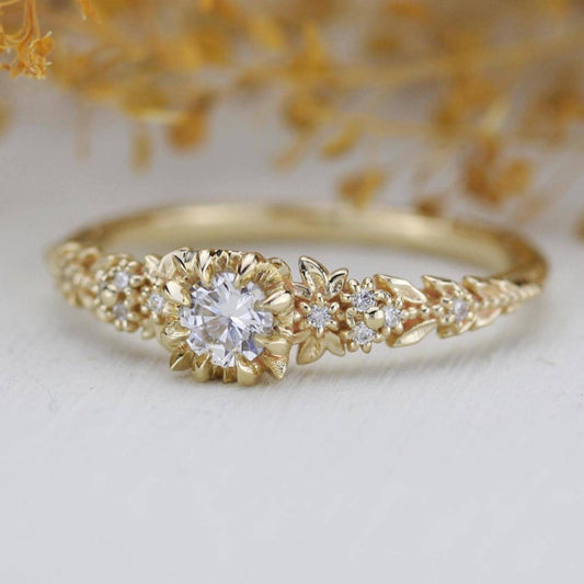 Briar rose style gold ring with real diamonds, perfect for fantasy weddings or nature lovers