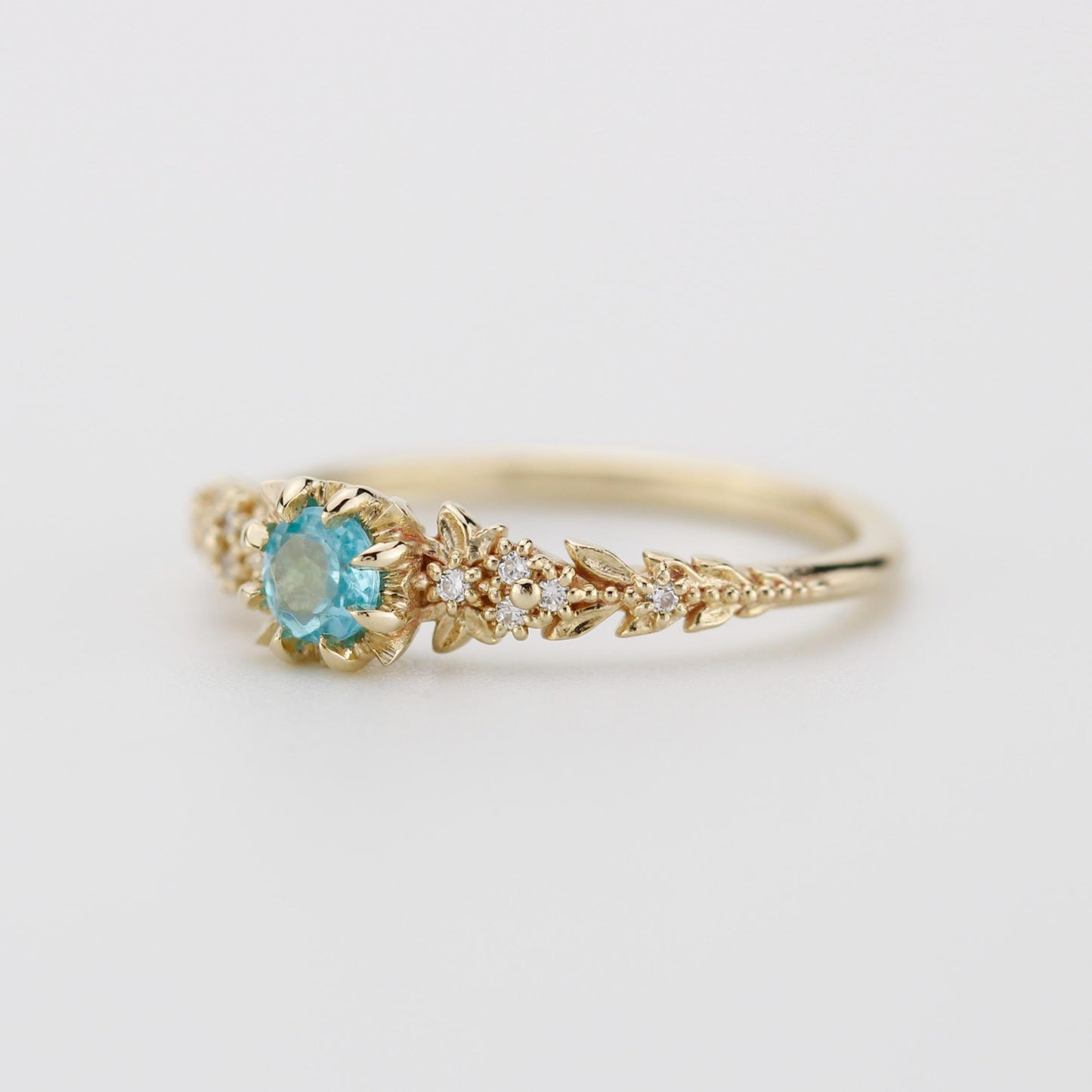 Nature Inspired Apatite and Diamond Ring, Handmade Engagement Ring in 18K Solid Gold, Floral Blue Gem Promise Ring