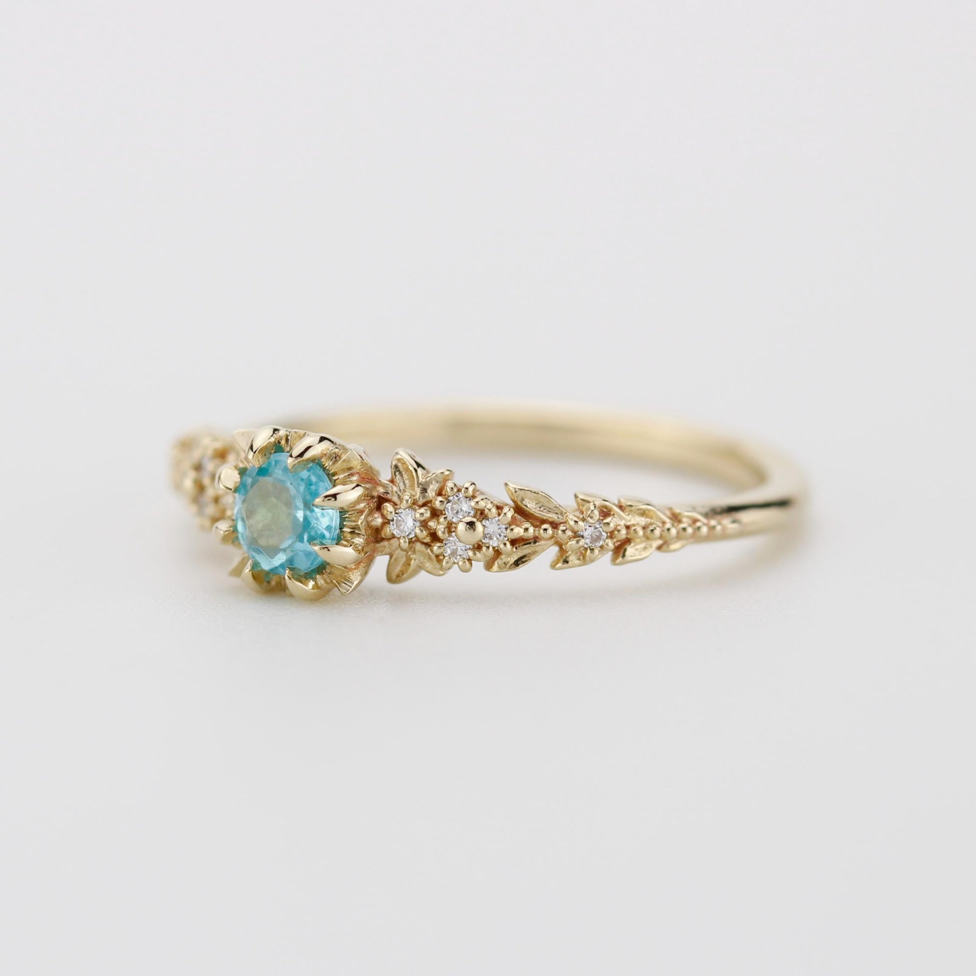 Nature Inspired Apatite and Diamond Ring, Handmade Engagement Ring in 18K Solid Gold, Floral Blue Gem Promise Ring