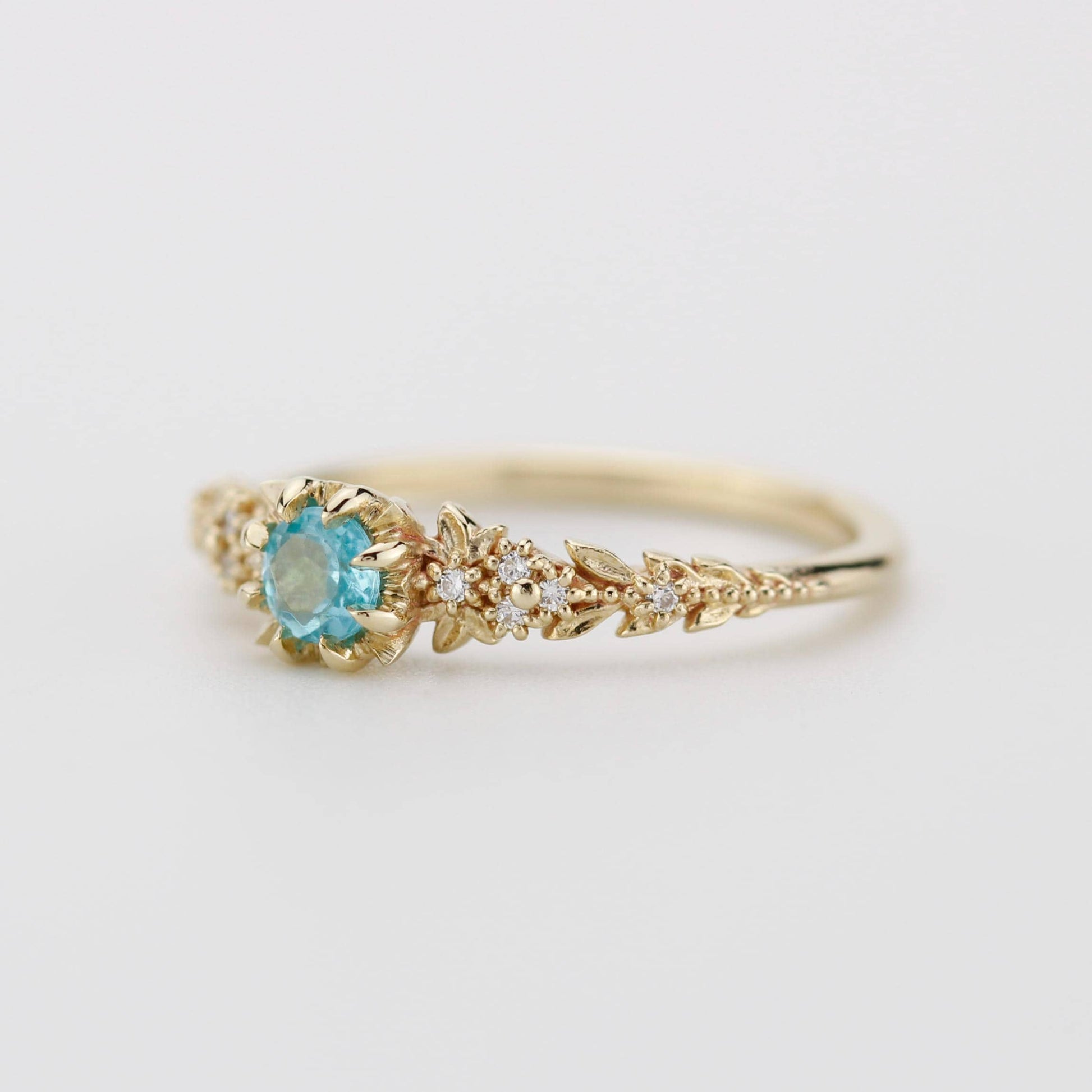 Nature Inspired Apatite and Diamond Ring, Handmade Engagement Ring in 18K Solid Gold, Floral Blue Gem Promise Ring