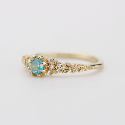Nature Inspired Apatite and Diamond Ring, Handmade Engagement Ring in 18K Solid Gold, Floral Blue Gem Promise Ring