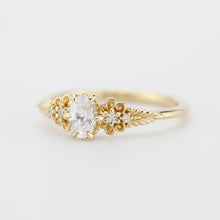 Load image into Gallery viewer, Vintage-Inspired 18K Gold Moissanite Engagement Ring | 6x4mm Oval Certificated Moissanite | Nature-Inspired Leaf Band | Handmade Ring