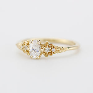 Vintage-Inspired 18K Gold Moissanite Engagement Ring | 6x4mm Oval Certificated Moissanite | Nature-Inspired Leaf Band | Handmade Ring