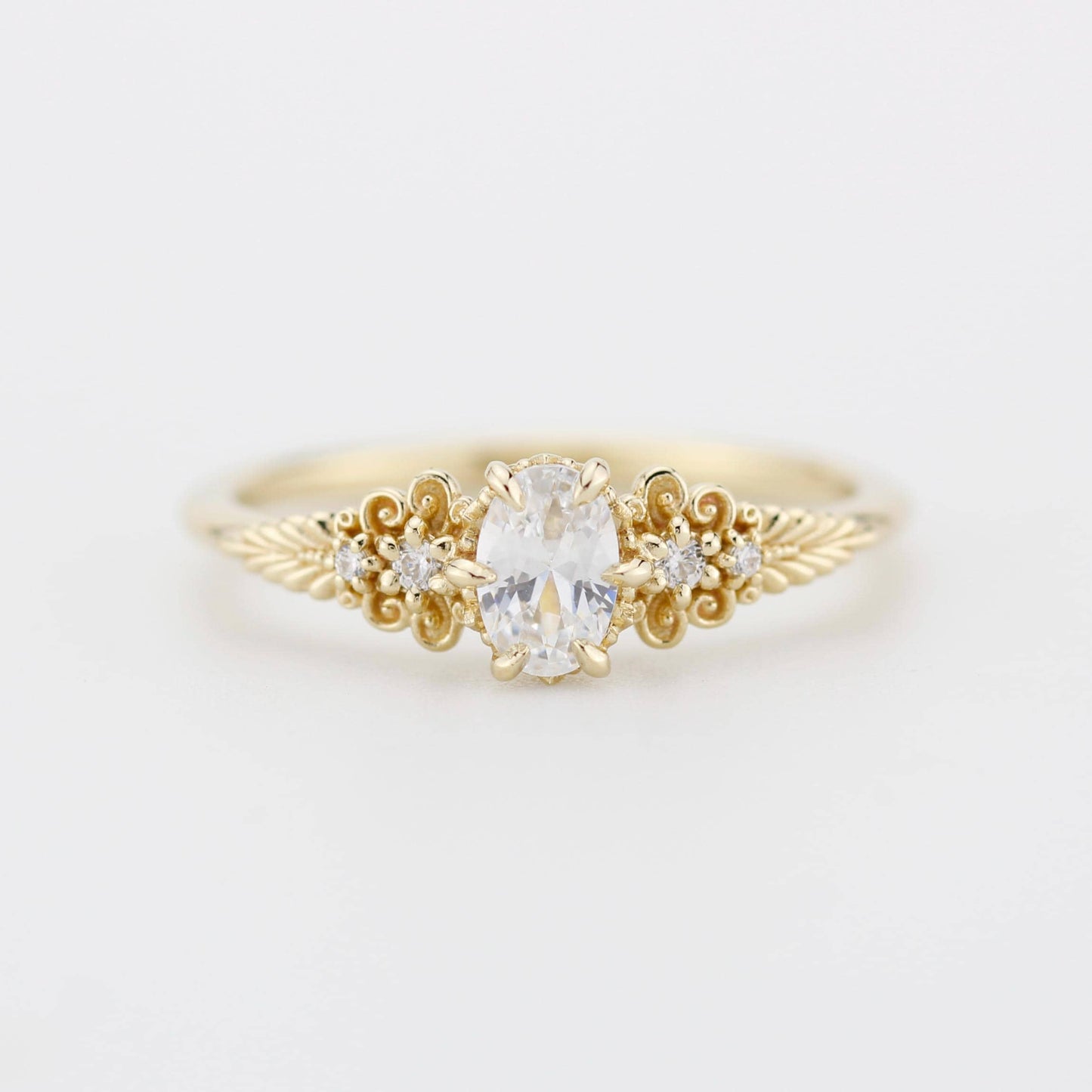 Vintage-Inspired 18K Gold Moissanite Engagement Ring | 6x4mm Oval Certificated Moissanite | Nature-Inspired Leaf Band | Handmade Ring