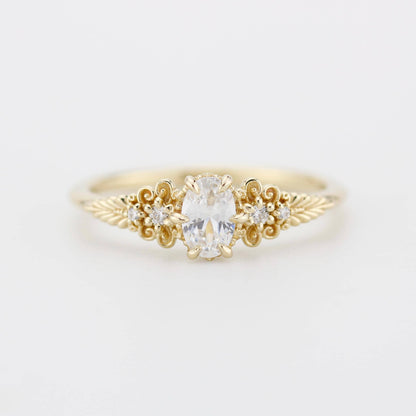 Vintage-Inspired 18K Gold Moissanite Engagement Ring | 6x4mm Oval Certificated Moissanite | Nature-Inspired Leaf Band | Handmade Ring