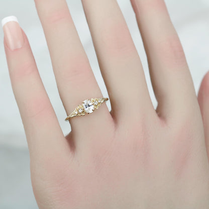 Vintage-Inspired 18K Gold Moissanite Engagement Ring | 6x4mm Oval Certificated Moissanite | Nature-Inspired Leaf Band | Handmade Ring