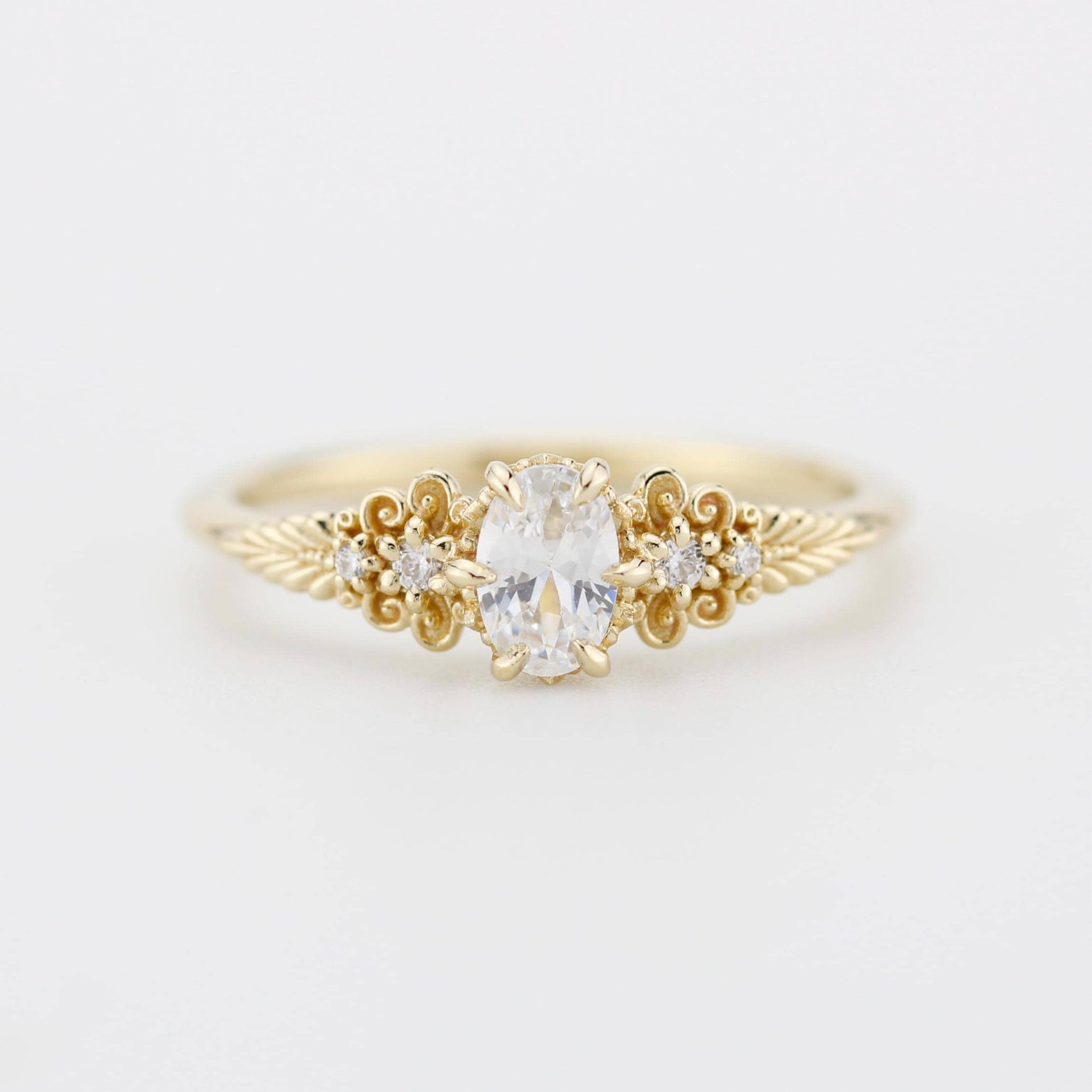 Vintage-Inspired 18K Gold Moissanite Engagement Ring | 6x4mm Oval Certificated Moissanite | Nature-Inspired Leaf Band | Handmade Ring