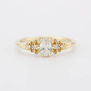 Vintage-Inspired 18K Gold Moissanite Engagement Ring | 6x4mm Oval Certificated Moissanite | Nature-Inspired Leaf Band | Handmade Ring