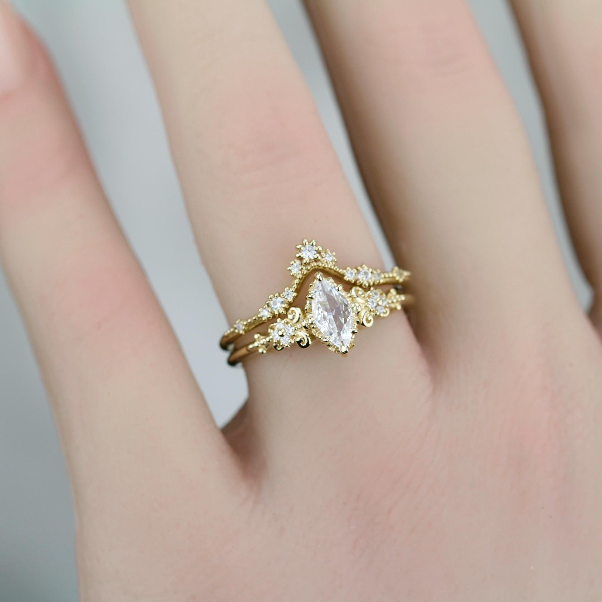 Vintage Marquise Moissanite Engagement Ring and V-Shaped Diamond Wedding Band Set | 18k Yellow Gold | Antique-Inspired Bridal Ring Set