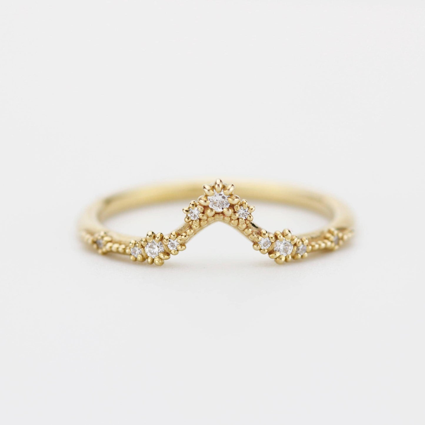 Vintage Marquise Moissanite Engagement Ring and V-Shaped Diamond Wedding Band Set | 18k Yellow Gold | Antique-Inspired Bridal Ring Set