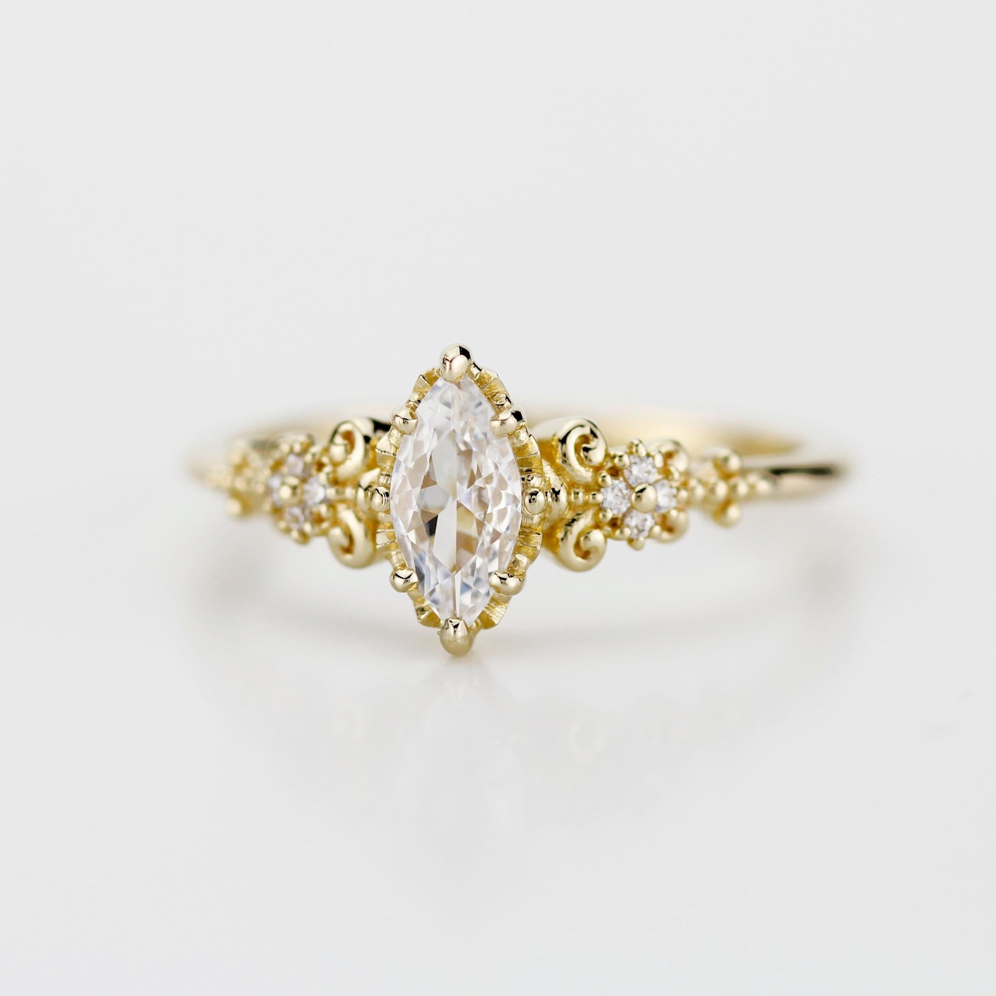 Vintage Marquise Moissanite Engagement Ring and V-Shaped Diamond Wedding Band Set | 18k Yellow Gold | Antique-Inspired Bridal Ring Set