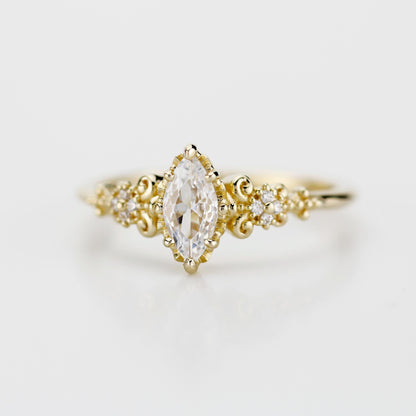 Vintage Marquise Moissanite Engagement Ring and V-Shaped Diamond Wedding Band Set | 18k Yellow Gold | Antique-Inspired Bridal Ring Set