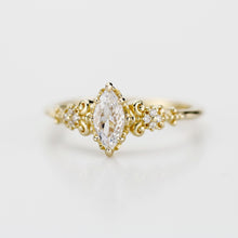 Load image into Gallery viewer, Vintage Marquise Moissanite Engagement Ring and V-Shaped Diamond Wedding Band Set | 18k Yellow Gold | Antique-Inspired Bridal Ring Set