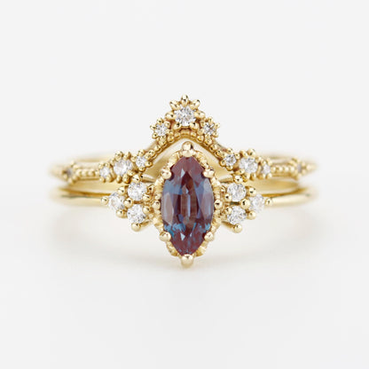 Alexandrite Engagement Ring Set | Marquise Cut with Lace Diamond Band | 18k Gold | Color Change Gemstone | Custom Bridal Ring Set