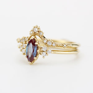 Alexandrite Engagement Ring Set | Marquise Cut with Lace Diamond Band | 18k Gold | Color Change Gemstone | Custom Bridal Ring Set