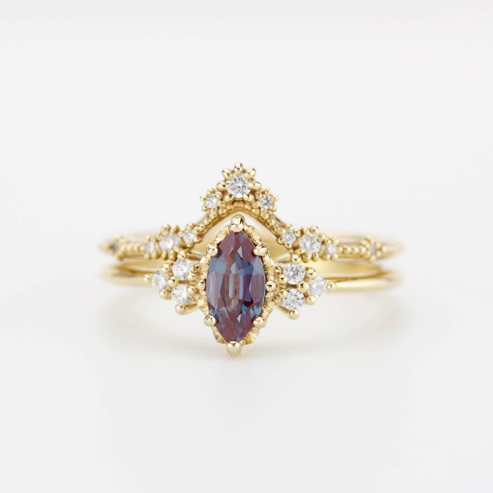 Alexandrite Engagement Ring Set | Marquise Cut with Lace Diamond Band | 18k Gold | Color Change Gemstone | Custom Bridal Ring Set