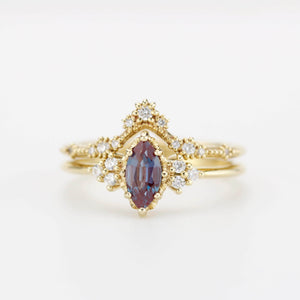 Alexandrite Engagement Ring Set | Marquise Cut with Lace Diamond Band | 18k Gold | Color Change Gemstone | Custom Bridal Ring Set