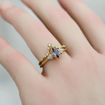 Alexandrite Engagement Ring Set | Marquise Cut with Lace Diamond Band | 18k Gold | Color Change Gemstone | Custom Bridal Ring Set