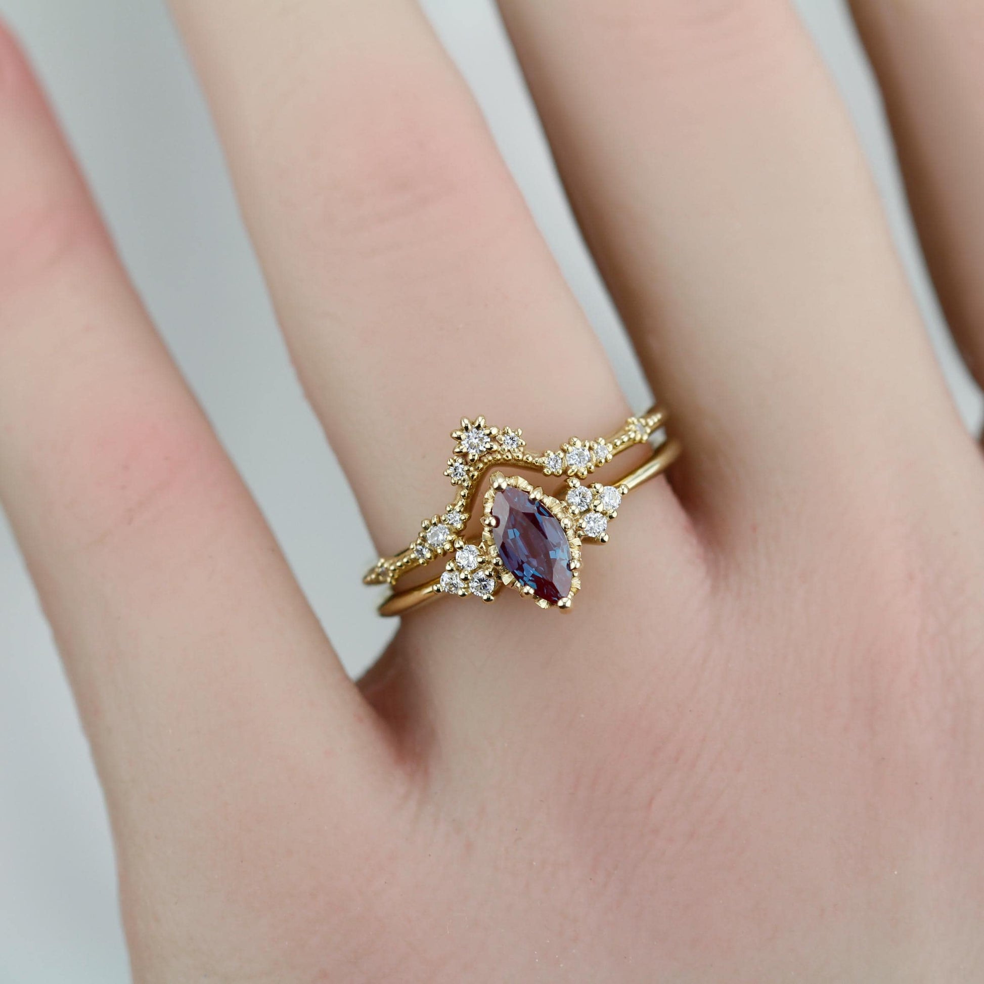 Alexandrite Engagement Ring Set | Marquise Cut with Lace Diamond Band | 18k Gold | Color Change Gemstone | Custom Bridal Ring Set