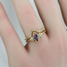 Load image into Gallery viewer, Alexandrite Engagement Ring Set | Marquise Cut with Lace Diamond Band | 18k Gold | Color Change Gemstone | Custom Bridal Ring Set