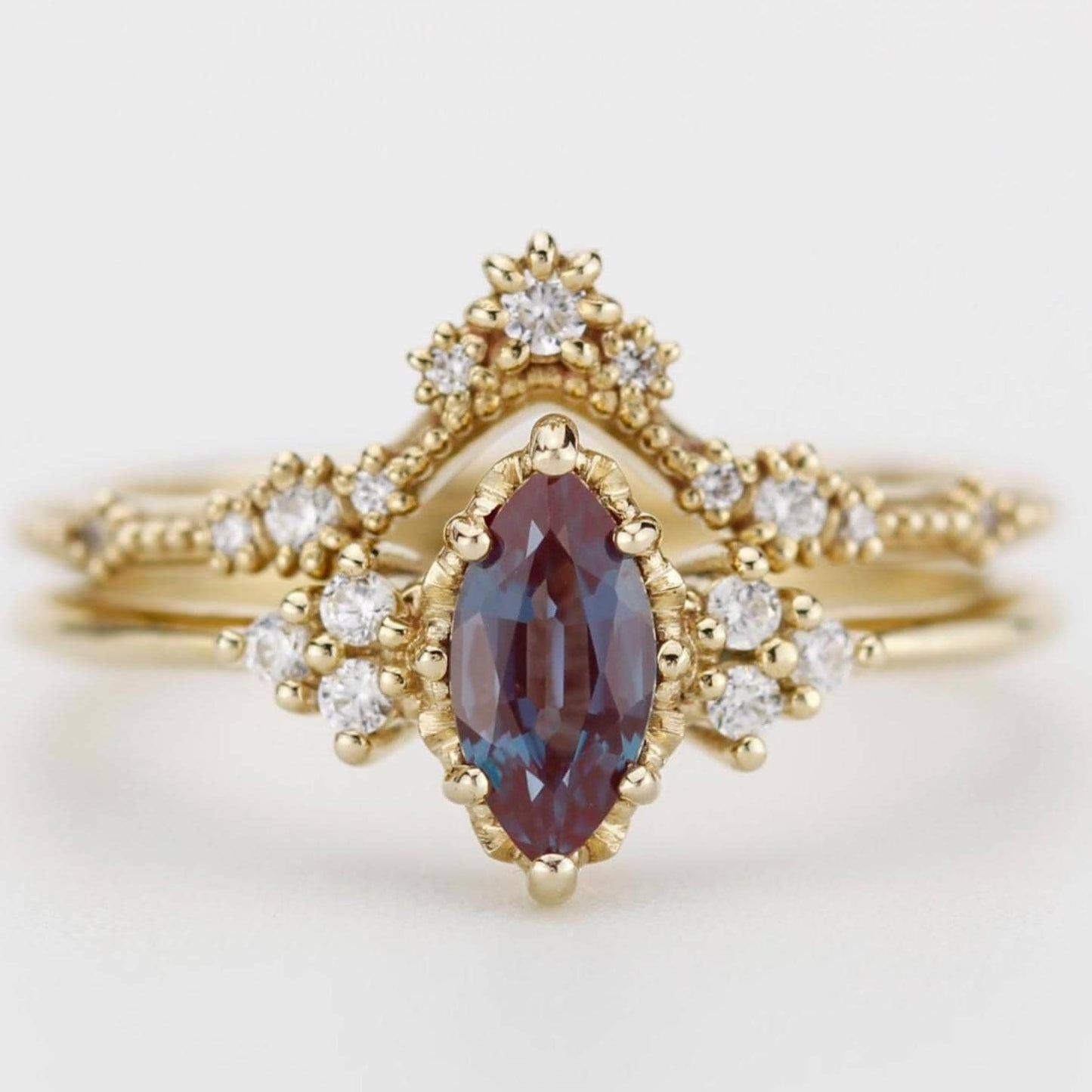 Color-changing Alexandrite engagement ring and matching lace diamond wedding band set