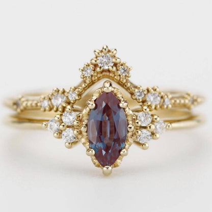 Color-changing Alexandrite engagement ring and matching lace diamond wedding band set