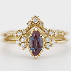 Color-changing Alexandrite engagement ring and matching lace diamond wedding band set