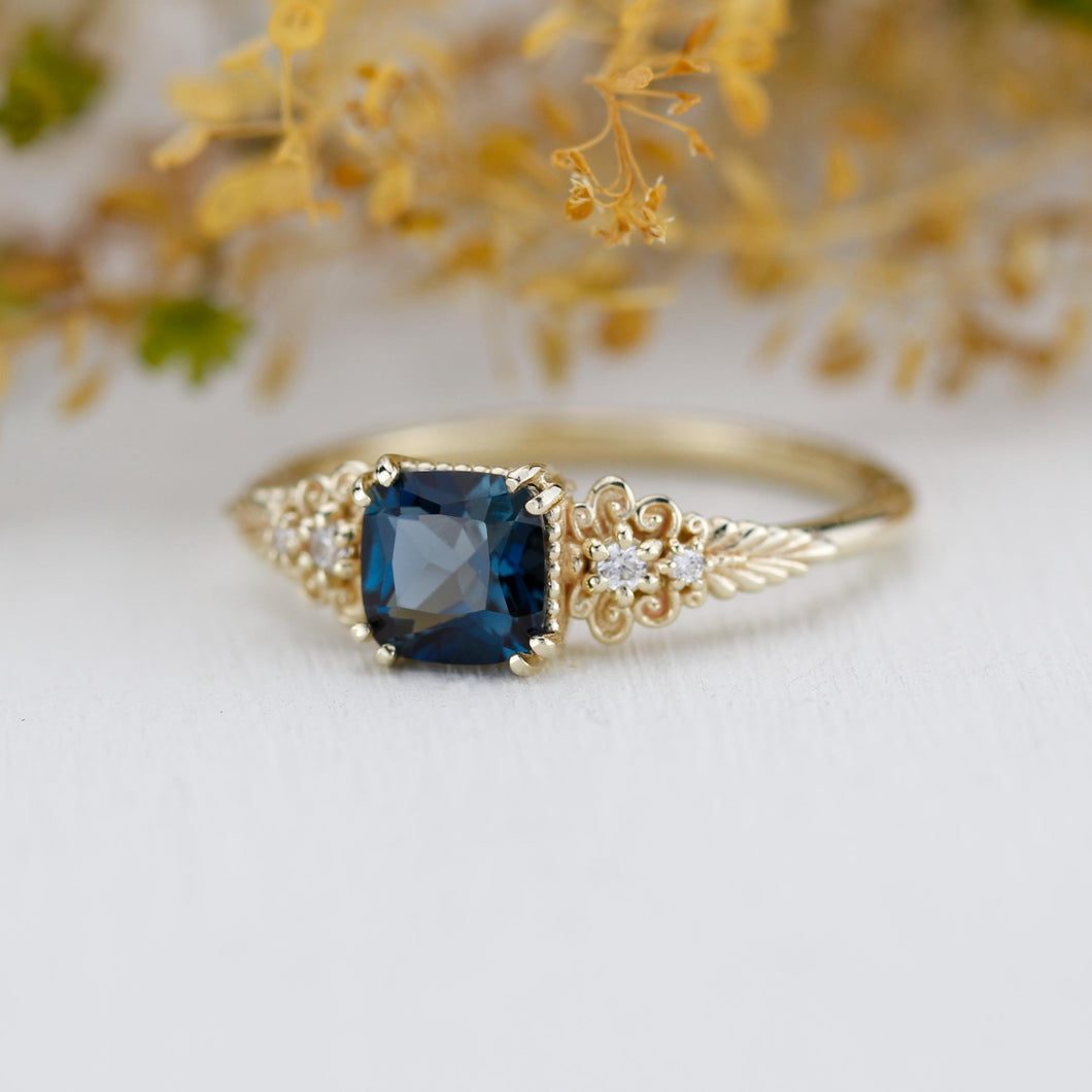 Vintage 18K Gold Cushion Cut Ring, Antique Filigree Engagement Ring with Natural London blue topaz and Diamonds, Elegant Heirloom Jewelry