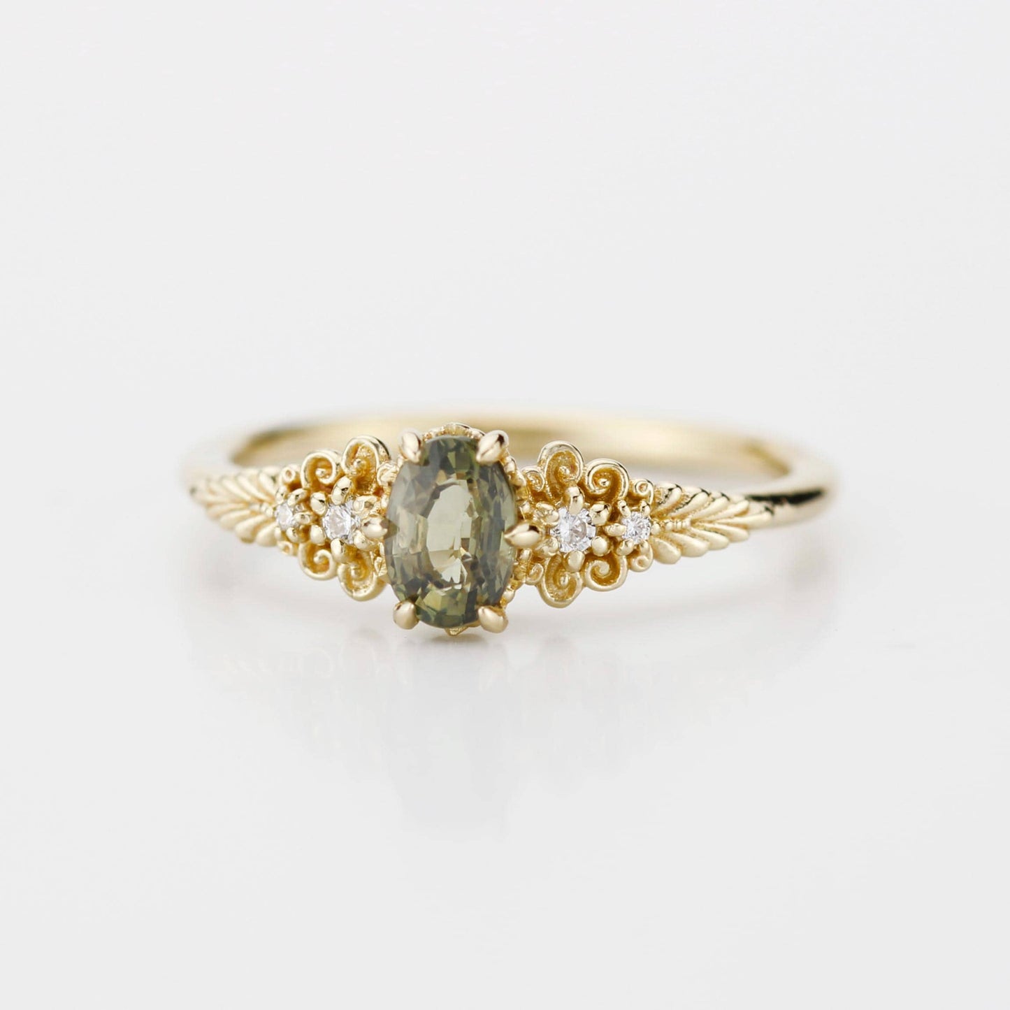 Vintage style Oval Engagement Ring, art deco olive green sapphire and diamond engagement ring, 18k gold ring 