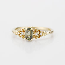 Load image into Gallery viewer, Vintage style Oval Engagement Ring, art deco olive green sapphire and diamond engagement ring, 18k gold ring 