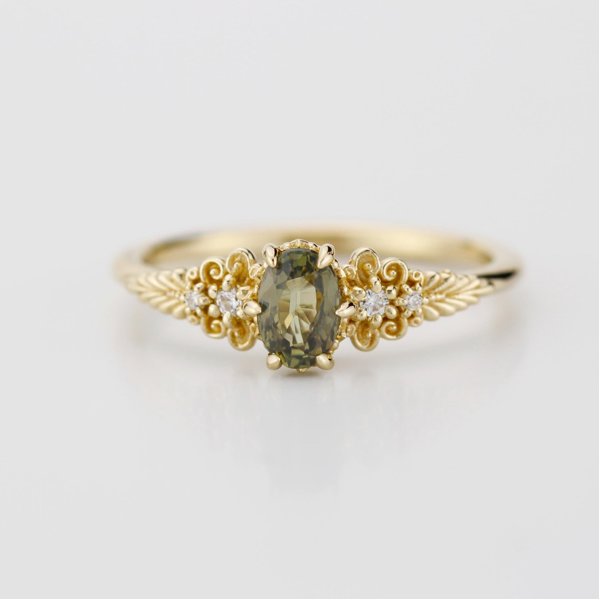 Vintage style Oval Engagement Ring, art deco olive green sapphire and diamond engagement ring, 18k gold ring 